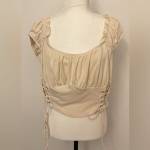 Shein Curve Cream Peasant Blouse Lace Up Details Size 3XL Cottagecore Fairycore
